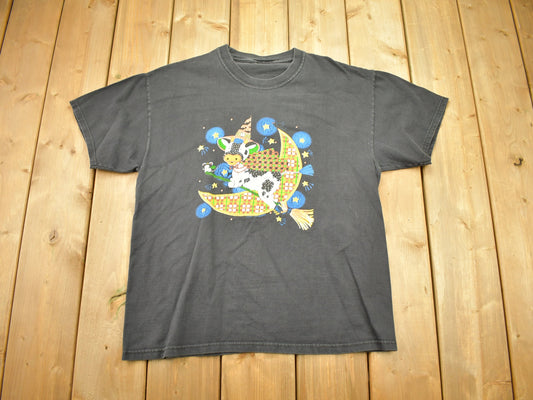 Vintage 1990s Flying Cow Moon Theme Graphic T-Shirt / Moon And Stars / 90s / Streetwear / Retro Style / Cartoon / Animal