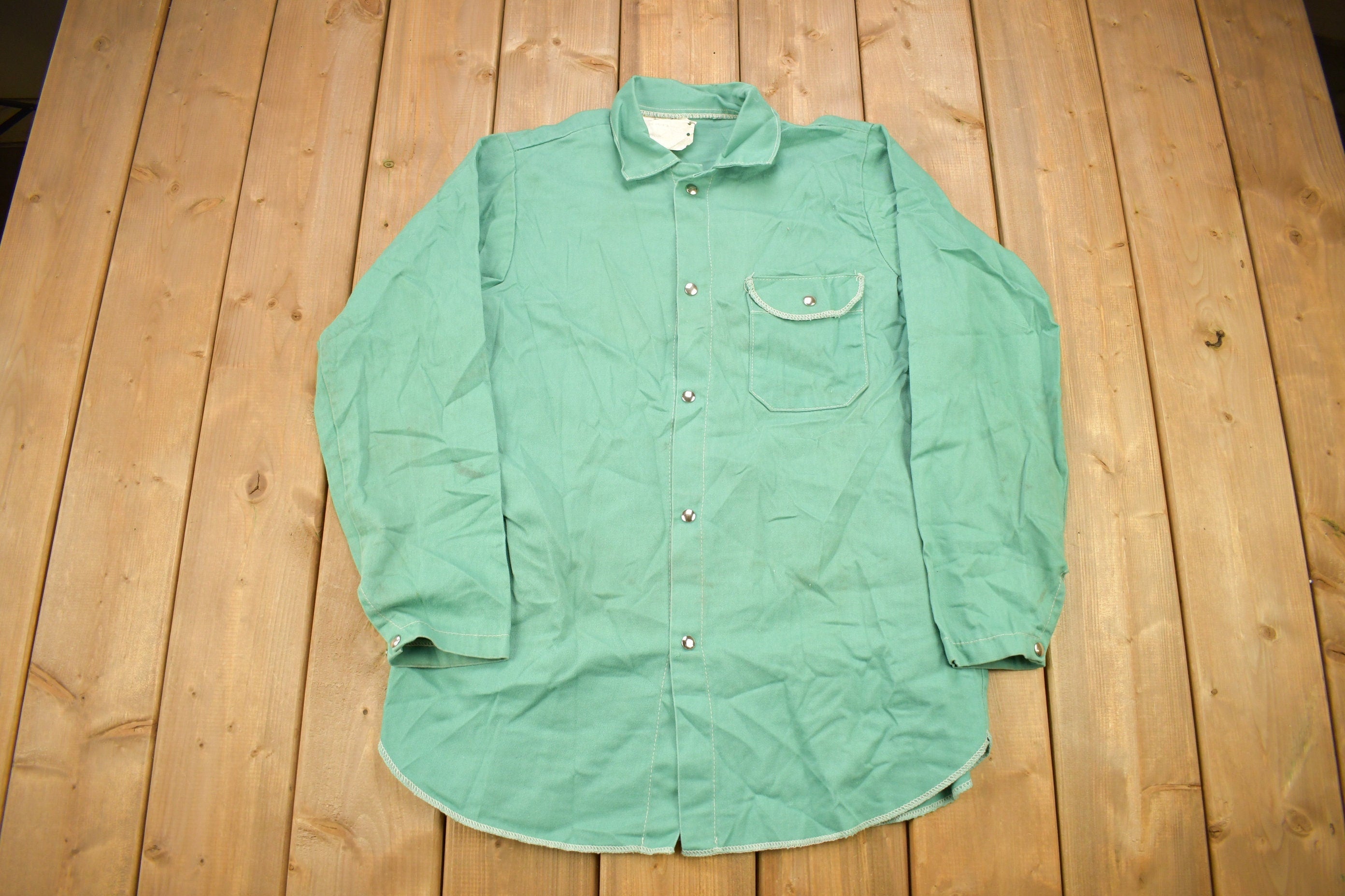 Vintage 1980s Steel Grip Blank Turquoise Button Up Shirt