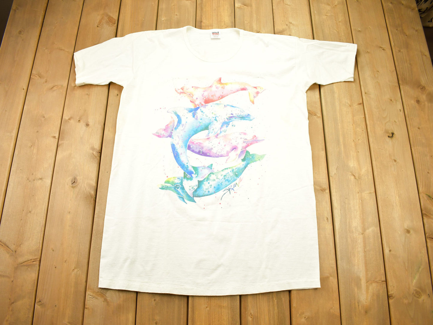 Vintage 1990s Anvil Single Stitch Pajama T-Shirt / Animal Lover Art Graphic / Underwater Sea Dolphin / 80s / 90s / Streetwear /Made In USA