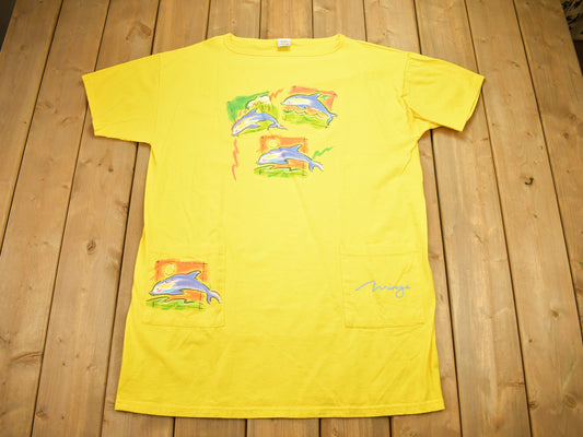 Vintage 1990s Airbrush Art T-Shirt / Underwater Sea / Dolphin Graphic / 2000 90s / Streetwear / Retro Style / Pocket Tee / Sunset