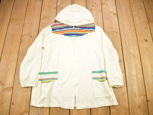 Vintage 1990s Terry Cloth Patchwork Striped Zip Up Hoodie / 90s Hoodie / Vintage Sweater / Color Block / Light Weight