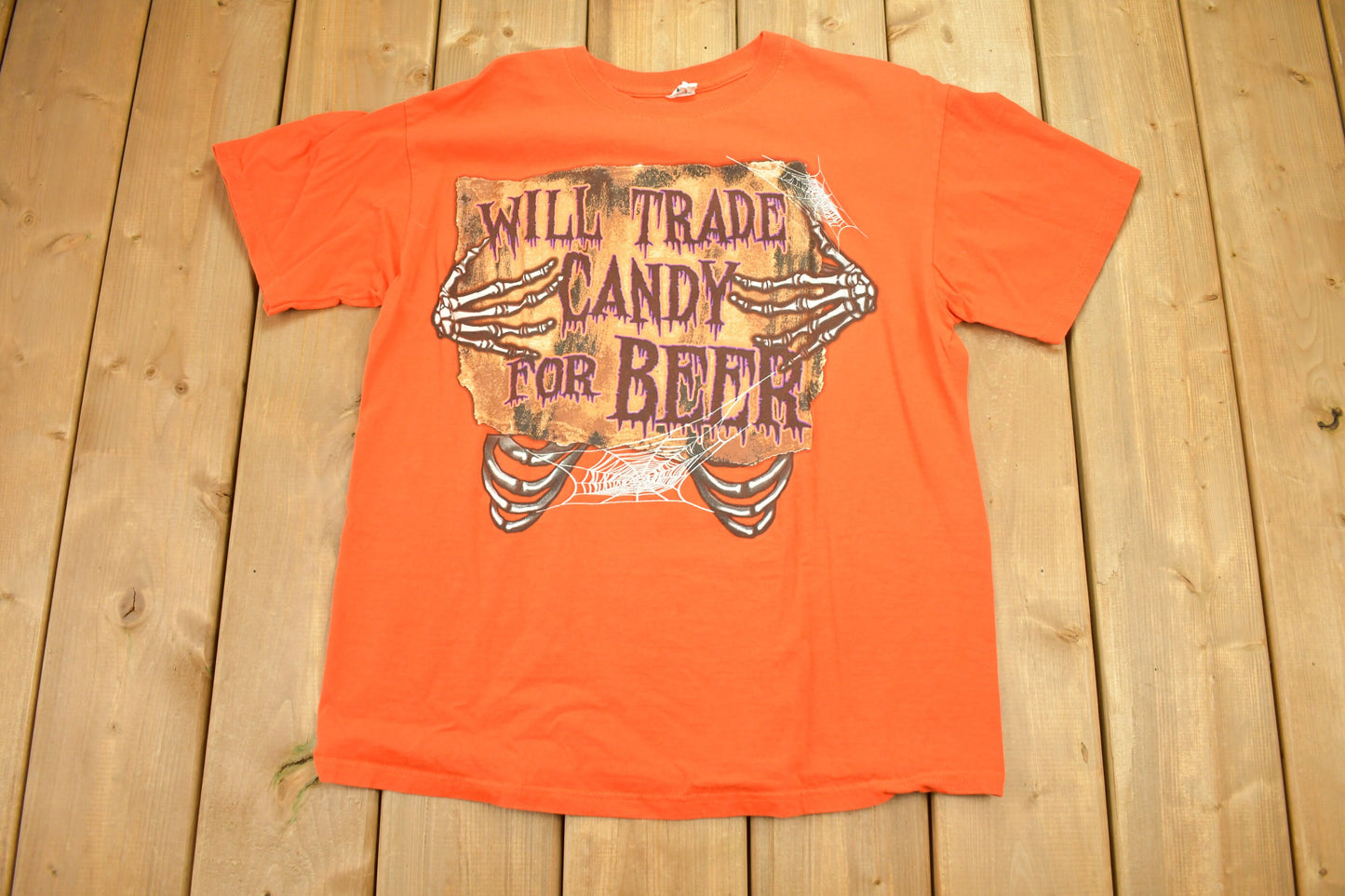 Vintage 1990s Will Trade Candy For Beer Halloween T-Shirt / Skeleton Graphic / 90s / Streetwear / Retro Style / October / Holiday Costume