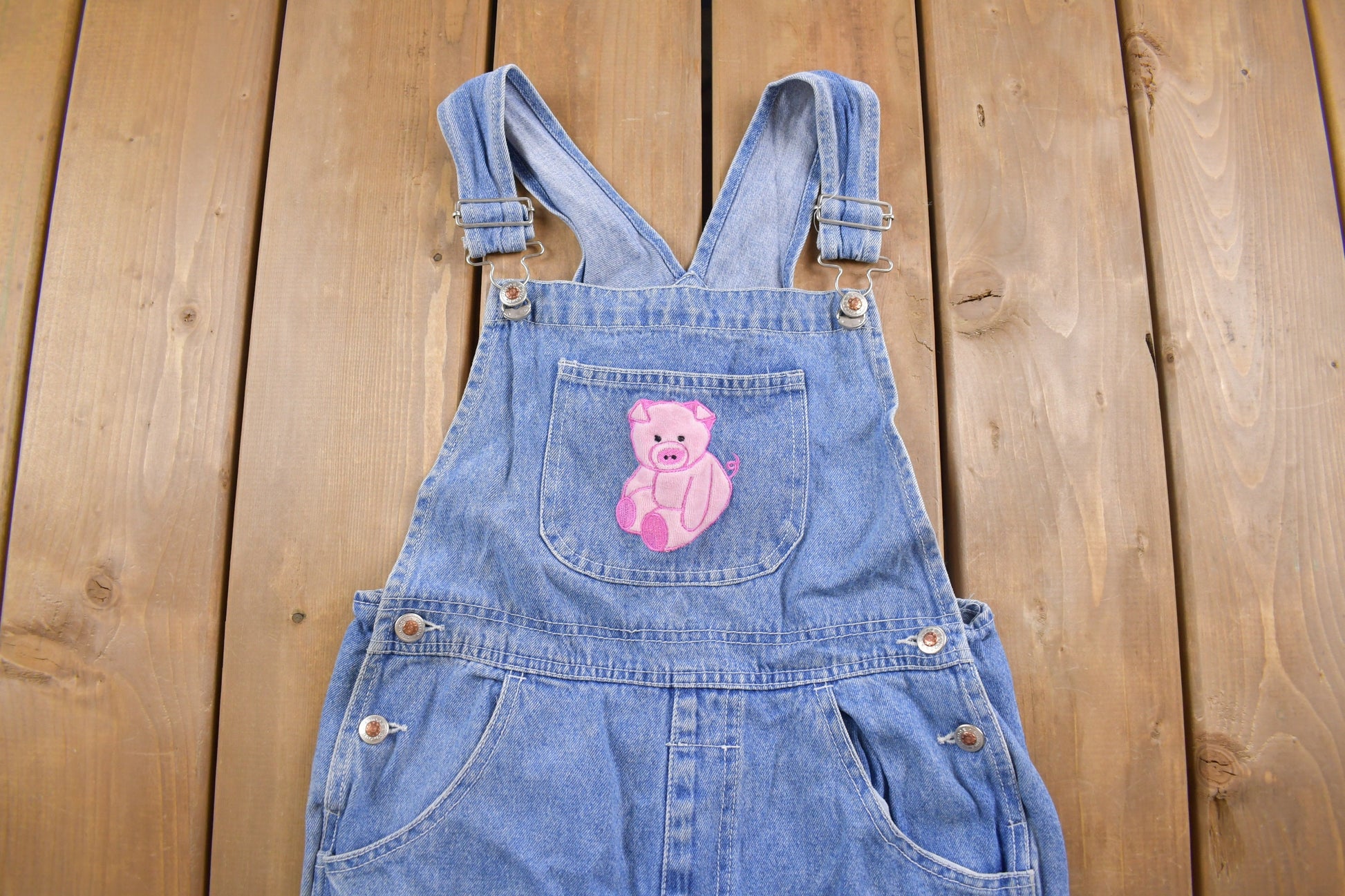 Vintage 1990s D'Mode Girls Cute Pig Denim Jean Overalls Size 30 Waist 24 Inch Inseam