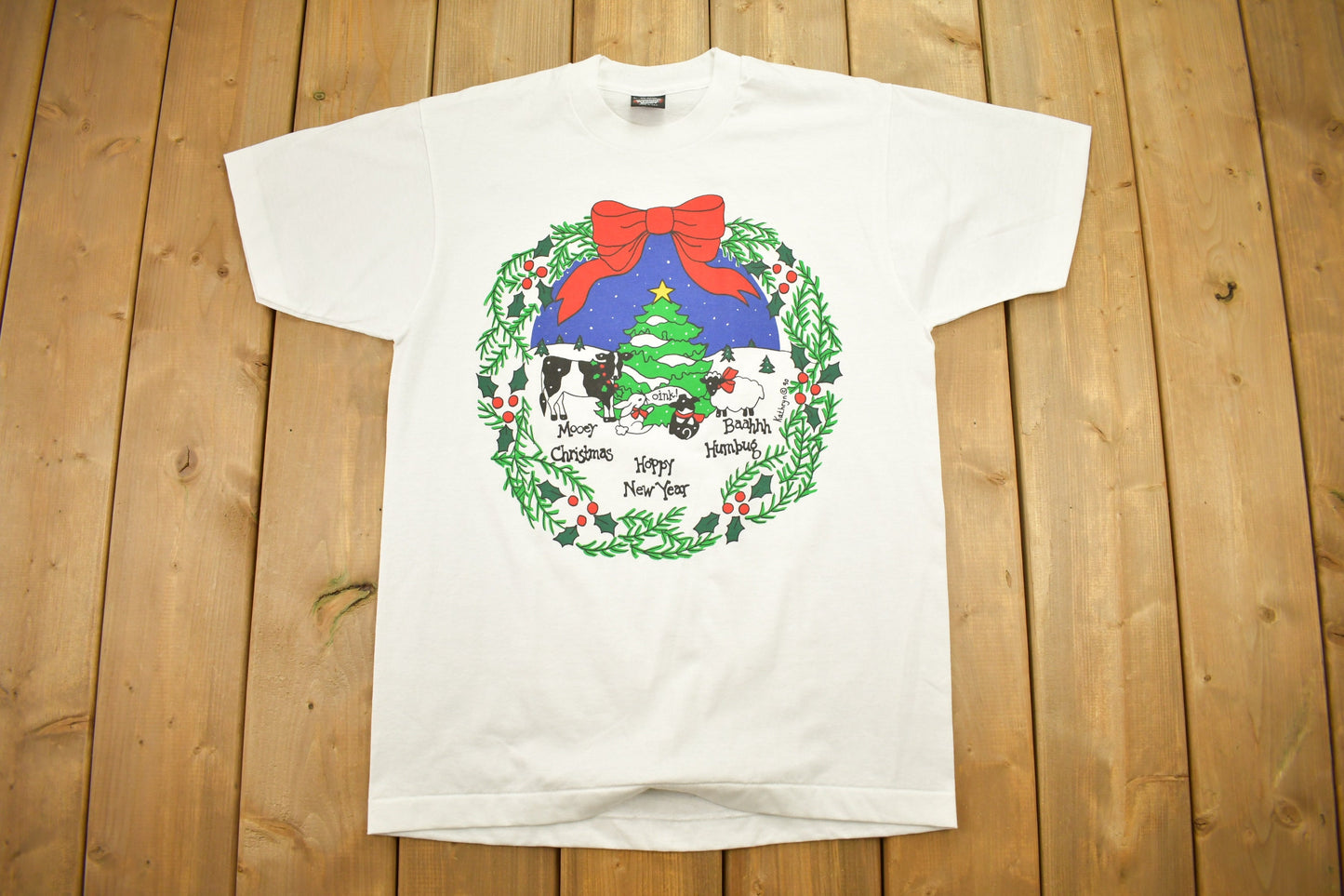 Vintage 1990 Christmas Wreath Single Stitch T-Shirt , Animal Lover , Funny Graphic , 80s , 90s , Streetwear