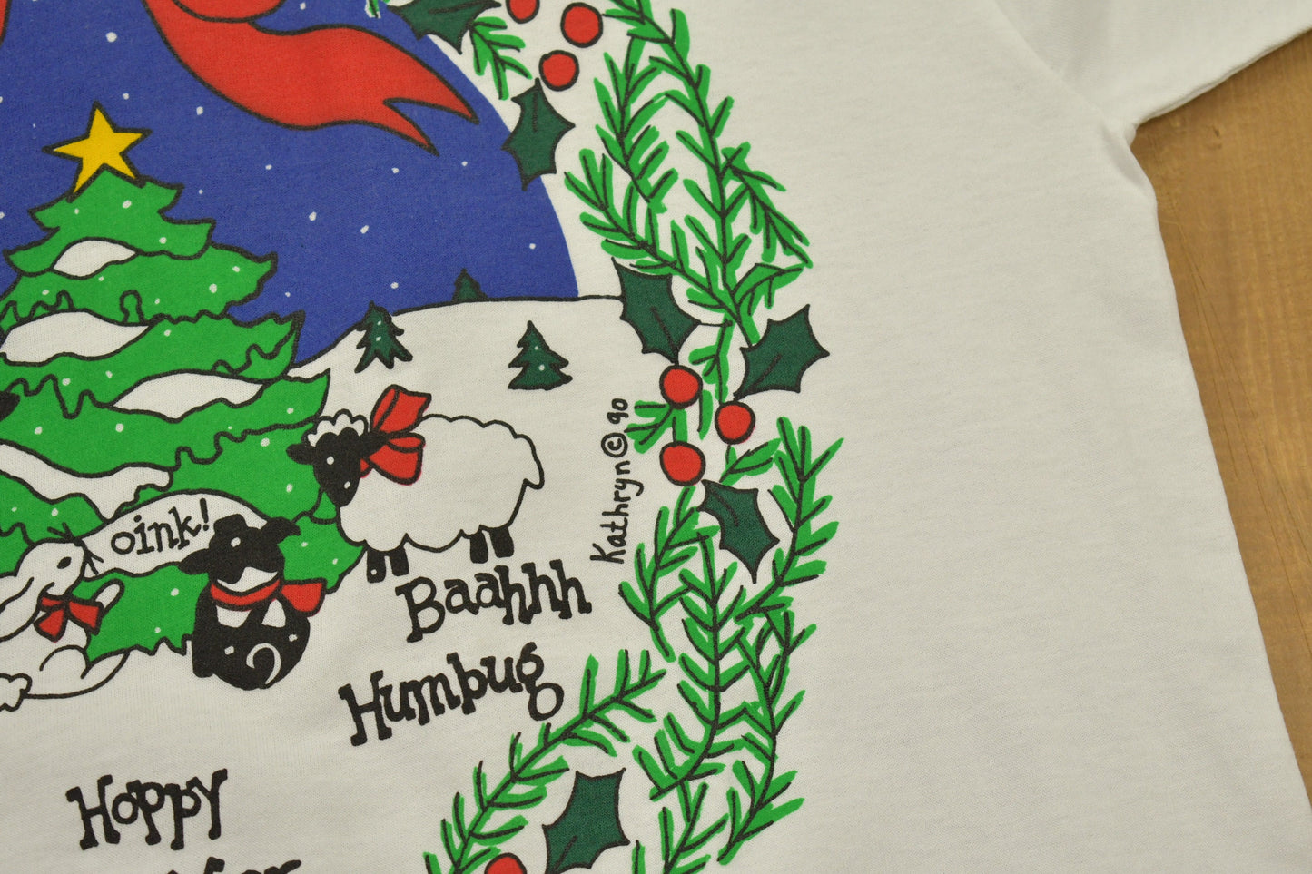 Vintage 1990 Christmas Wreath Single Stitch T-Shirt , Animal Lover , Funny Graphic , 80s , 90s , Streetwear