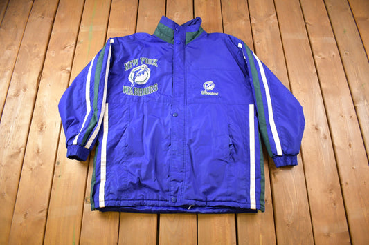 Vintage 1990s New York Warriors Varsity Sports Puffer Jacket / Team Logo Print / Dolphin / Embroidery