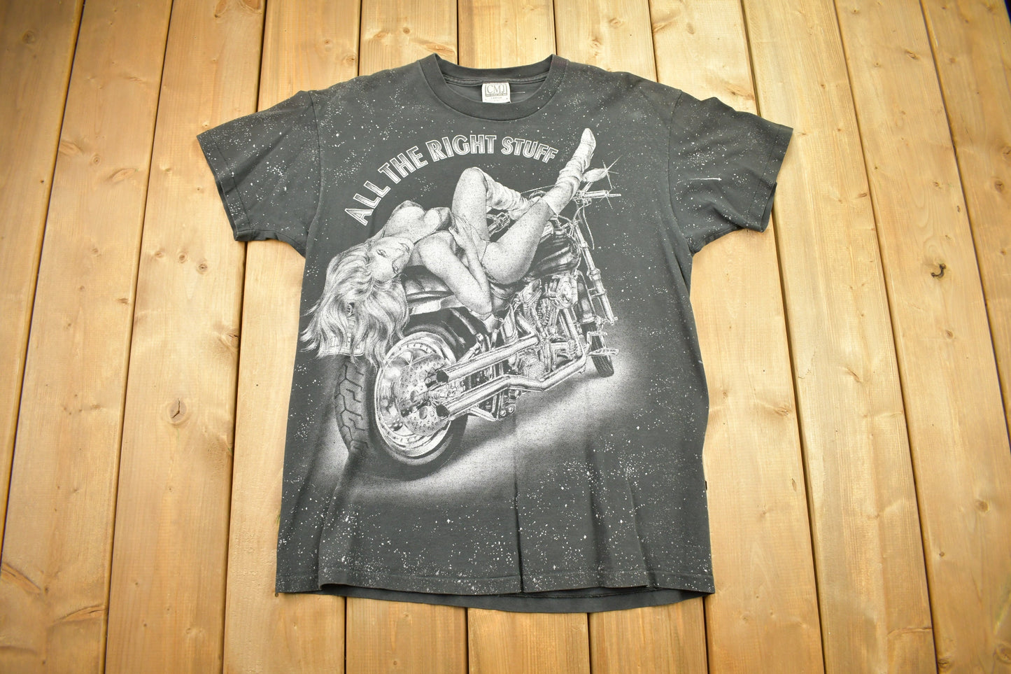 Vintage 1990s All The Right Stuff Biker Babe All Over Print T-Shirt / Big Graphic / Motorcycle Model  / Made In USA / Single Stitch