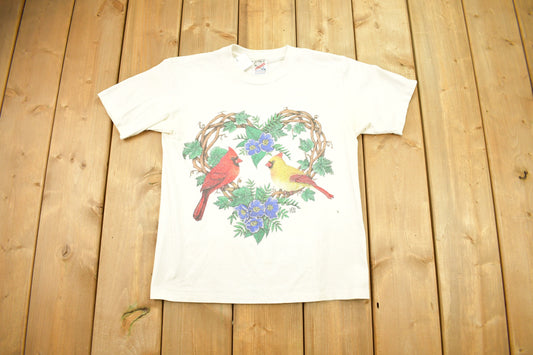 Vintage 1995 Birds And Hearts Graphic T Shirt / Cardinal / Heart Shirt / Wreath / Jerzees / 80s / 90s / Made In USA