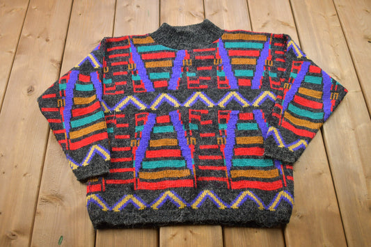 1990s Croquet Vintage Funky Geometric Knitted Sweater / Made in USA / Vintage 90s Crewneck / 80s Party / Pattern Sweater