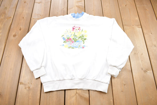 Vintage 1990s Floral Embroidered Double Collar Graphic Crewneck / Souvenir / Vintage Sweatshirt / Outdoorsman / 90s Sweatshirt / Floral