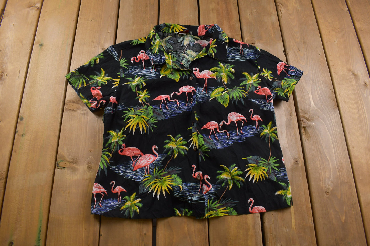 Vintage 1980s Tropical Hawaiian Button Up Shirt / Made in Hawaii / 80s Button Up / Vacation / Flamingo Pattern / Casual Shirt / Formal Shirt