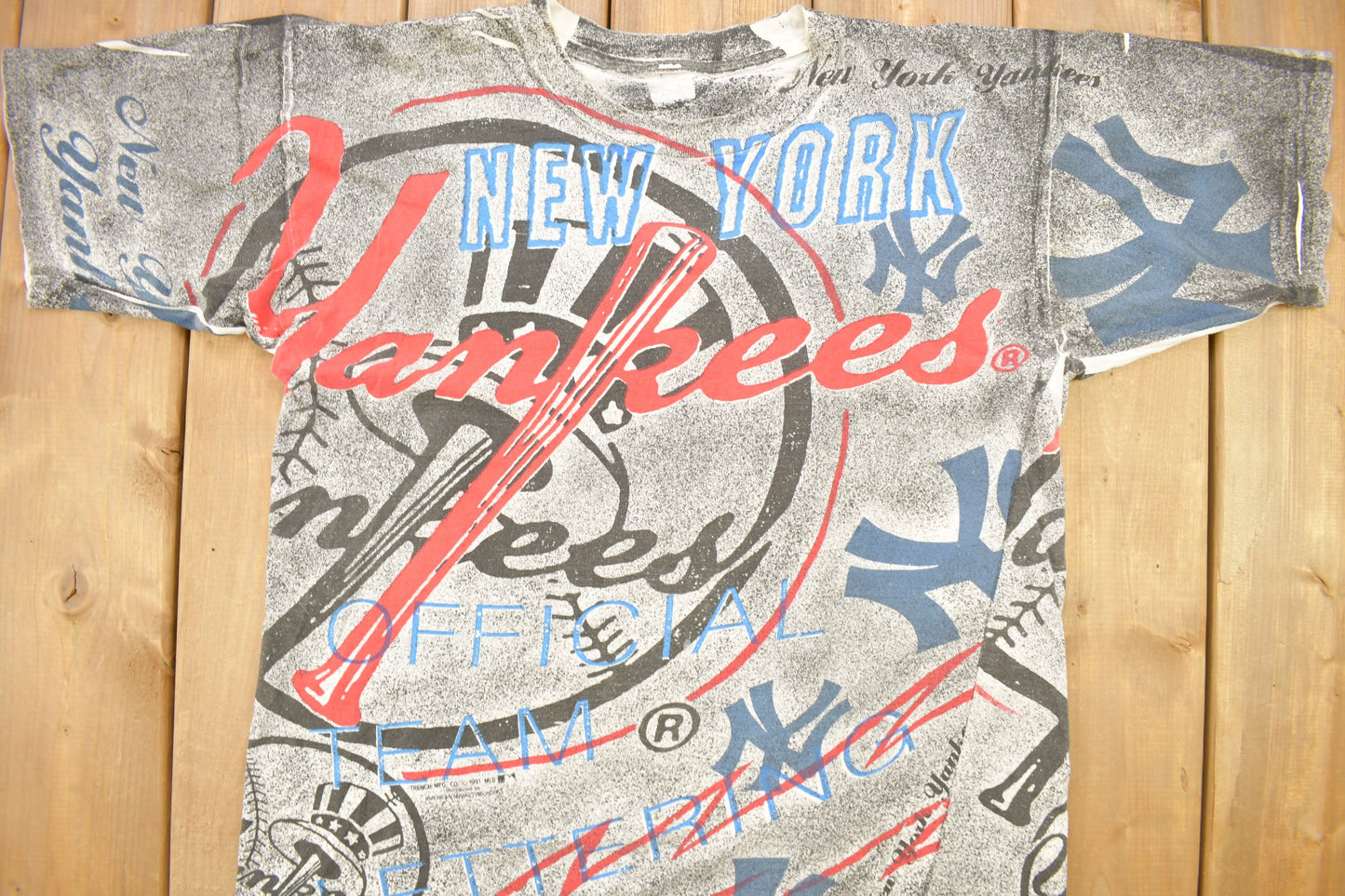 Vintage 1991 New York Yankees MLB All Over Print Graphic T-Shirt / Made In USA / Single Stitch / MLB Baseball / 90s Streetwear / Sportswear