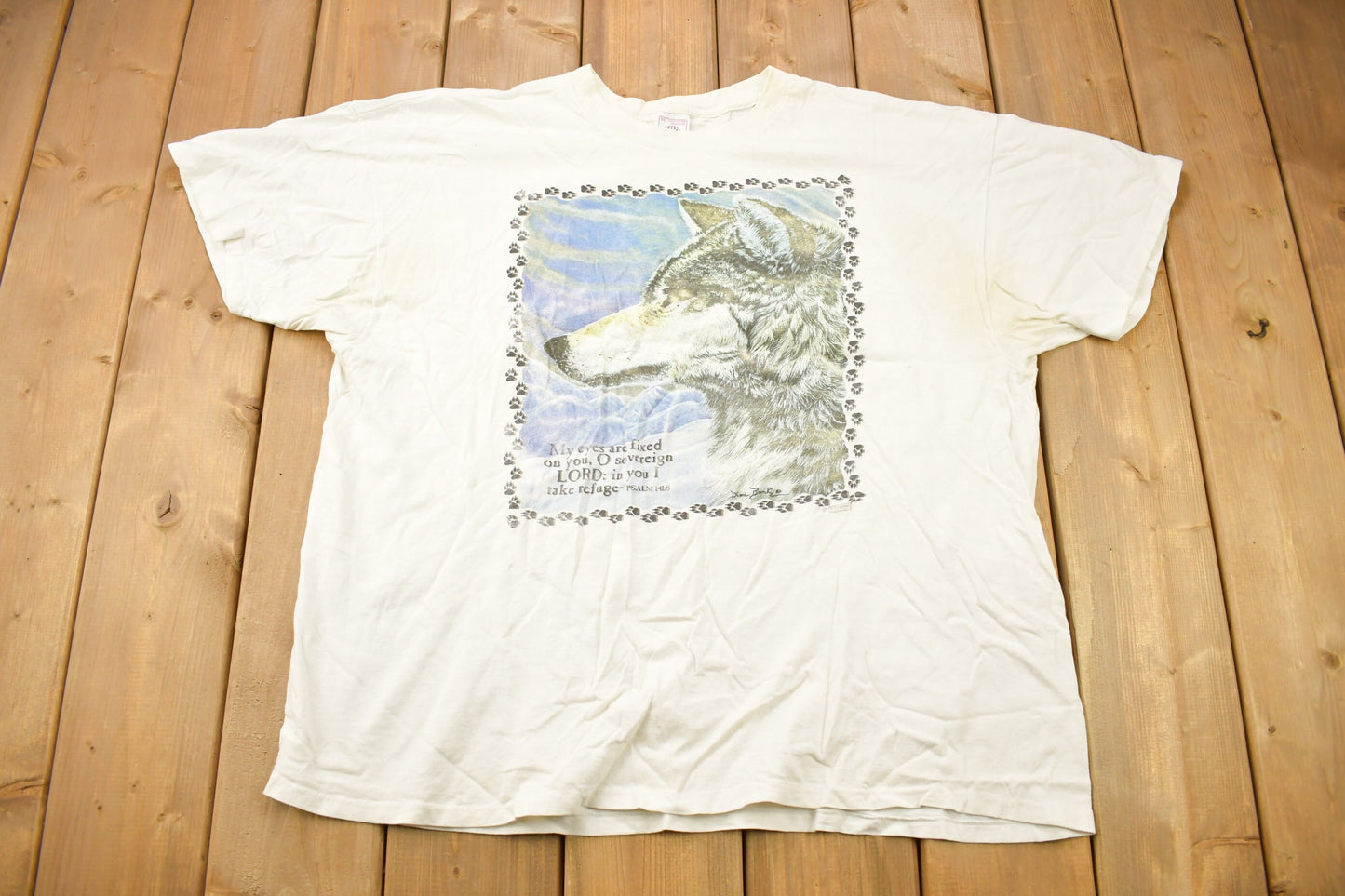 Vintage 1990s Religious Theme Wolf Graphic T-Shirt / Distressed / Single Stitch / Streetwear / Nature T Shirt / Outdoorsman