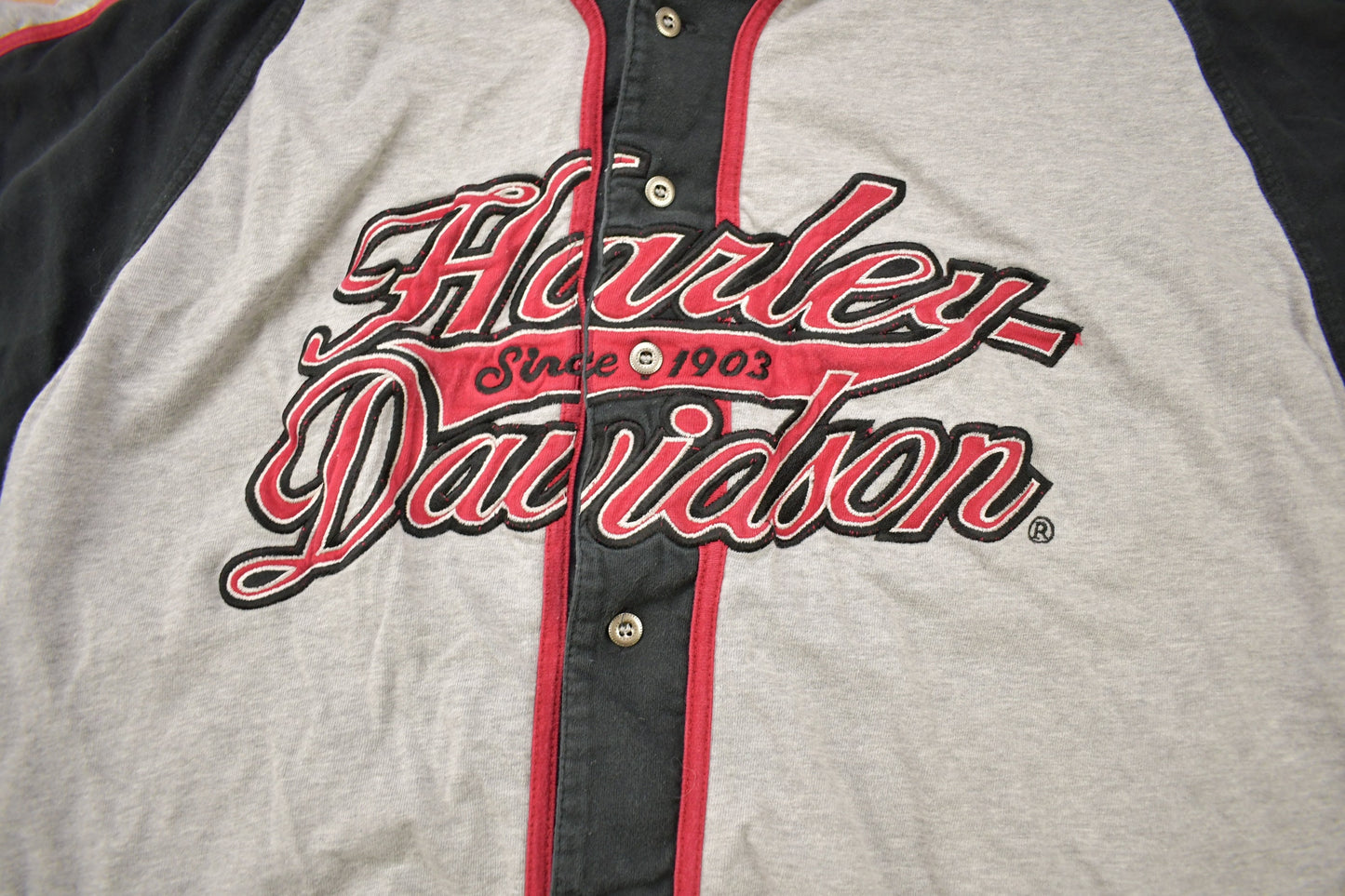 Vintage 1990s Harley Davidson Motorcycles Ottawa Jersey / Patchwork / Made In USA / Biker Tee / Baseball Jersey