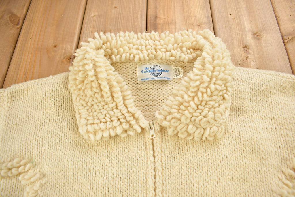 Vintage 1990s 100% Wool Hand Knit Zip Up Sweater