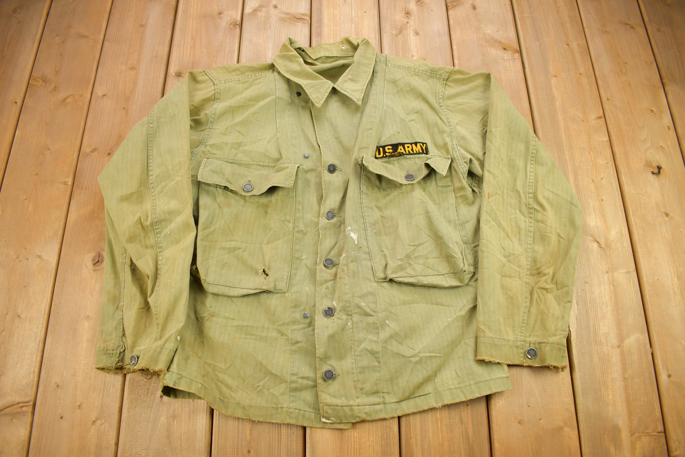 Vintage 1940s US Army Military Green Button Up Shirt