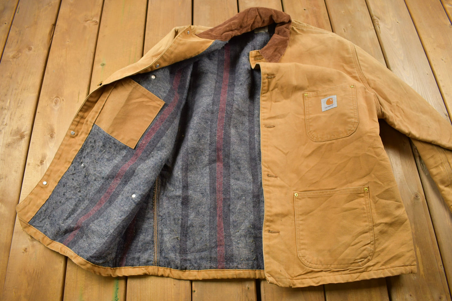 Vintage 1980s Carhartt Blanket Lined Chore Coat / Workwear / Streetwear / Made In USA / Button Up / Naturally Distressed Carhartt