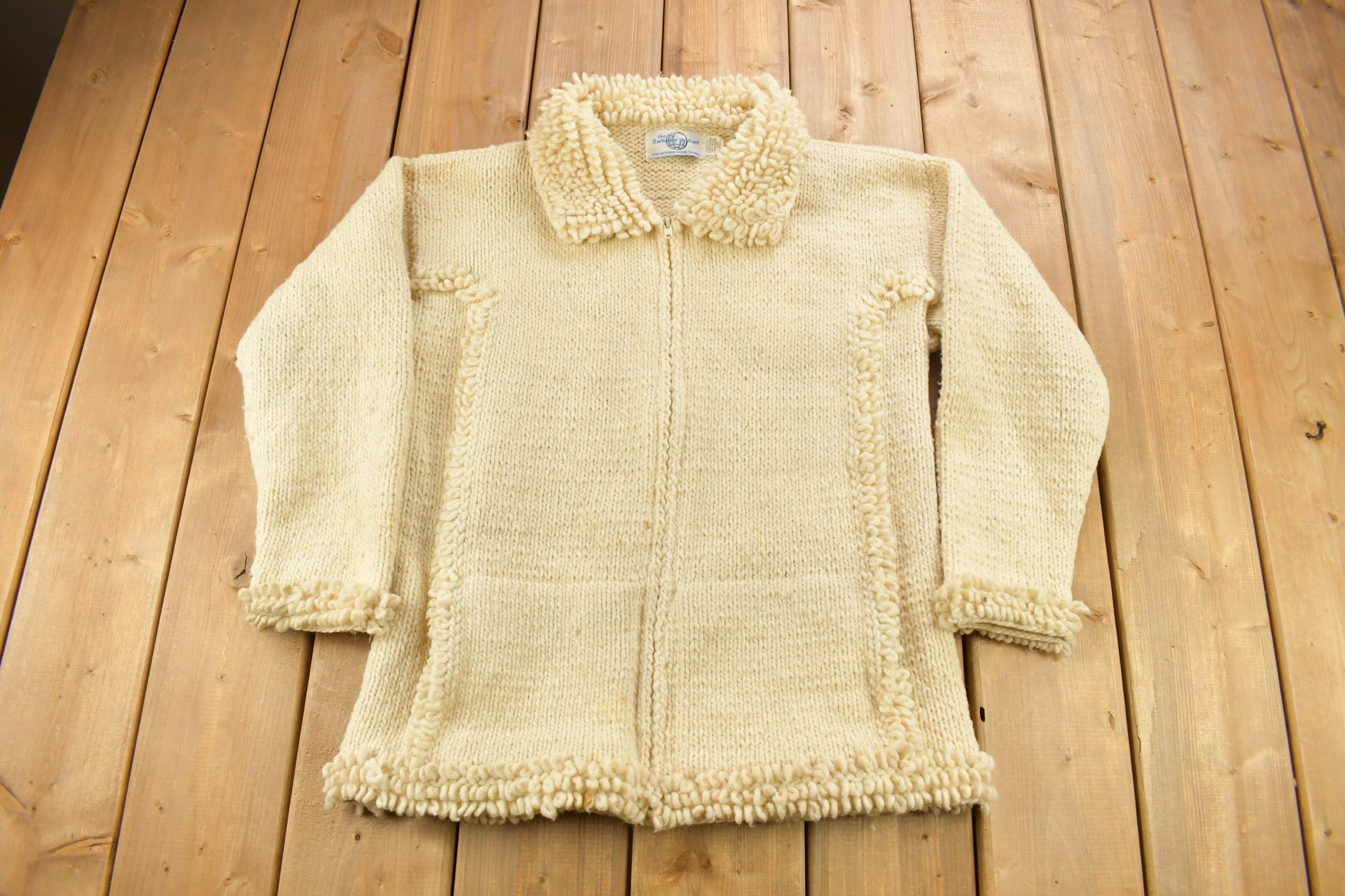 Vintage 1990s 100% Wool Hand Knit Zip Up Sweater