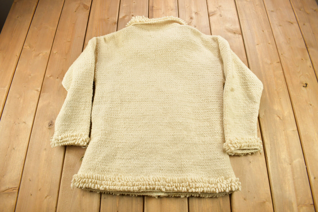 Vintage 1990s 100% Wool Hand Knit Zip Up Sweater