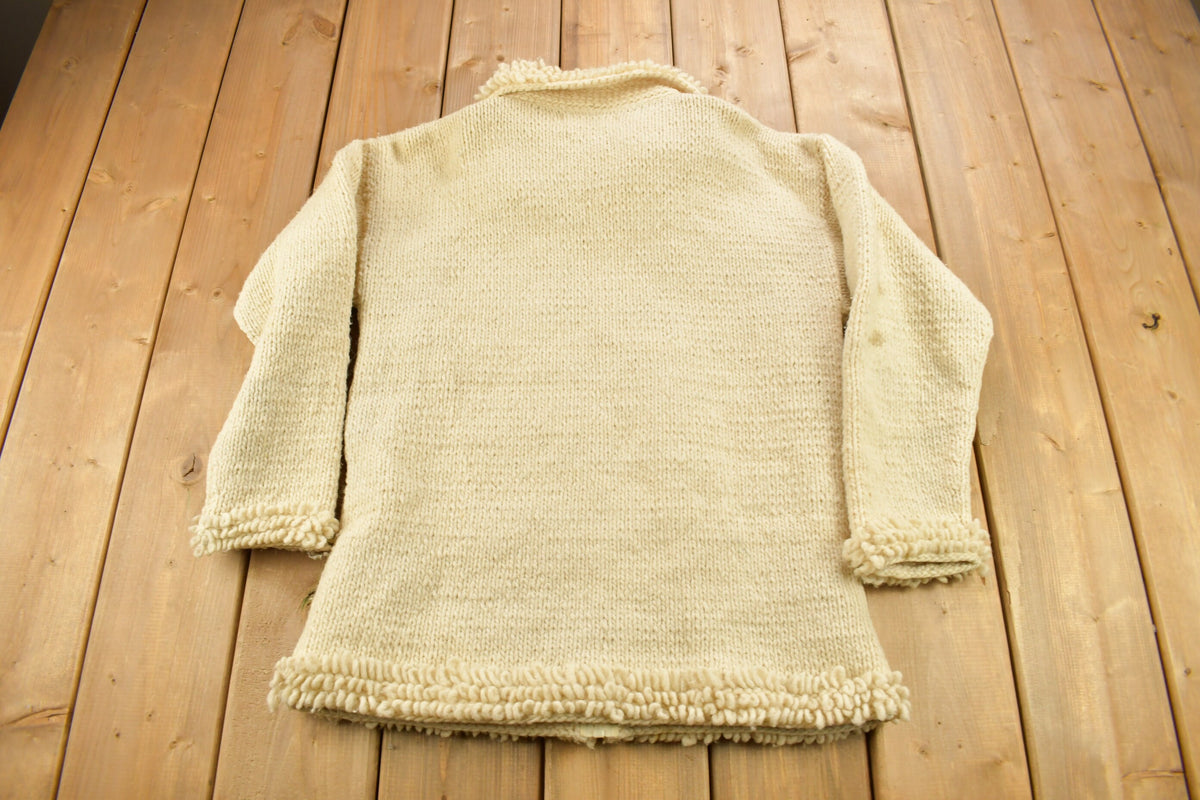 Vintage 1990s 100% Wool Hand Knit Zip Up Sweater