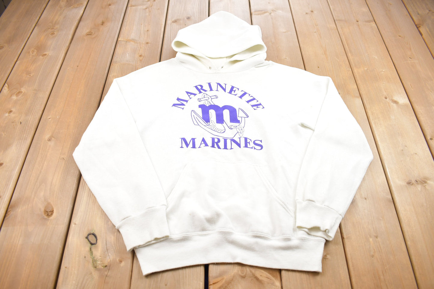 Vintage 1980s Marinette Marines Graphic Hoodie / 80s Hoodie / Stained / Vintage Sweater / Color Block / Varsity Vintage