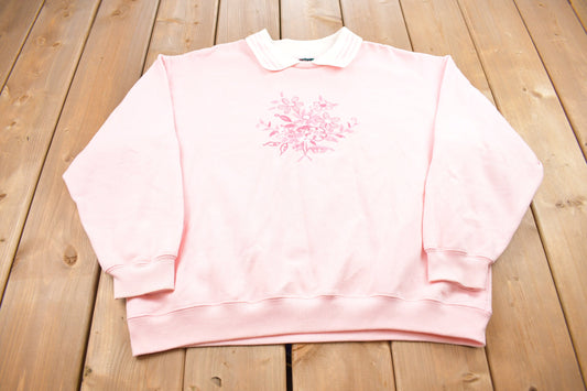 Vintage 1990s Bold Spirit Pink Flowers Collared Crewneck Sweatshirt / 90s Crewneck / Women's Vintage / Essential / Streetwear / 90s