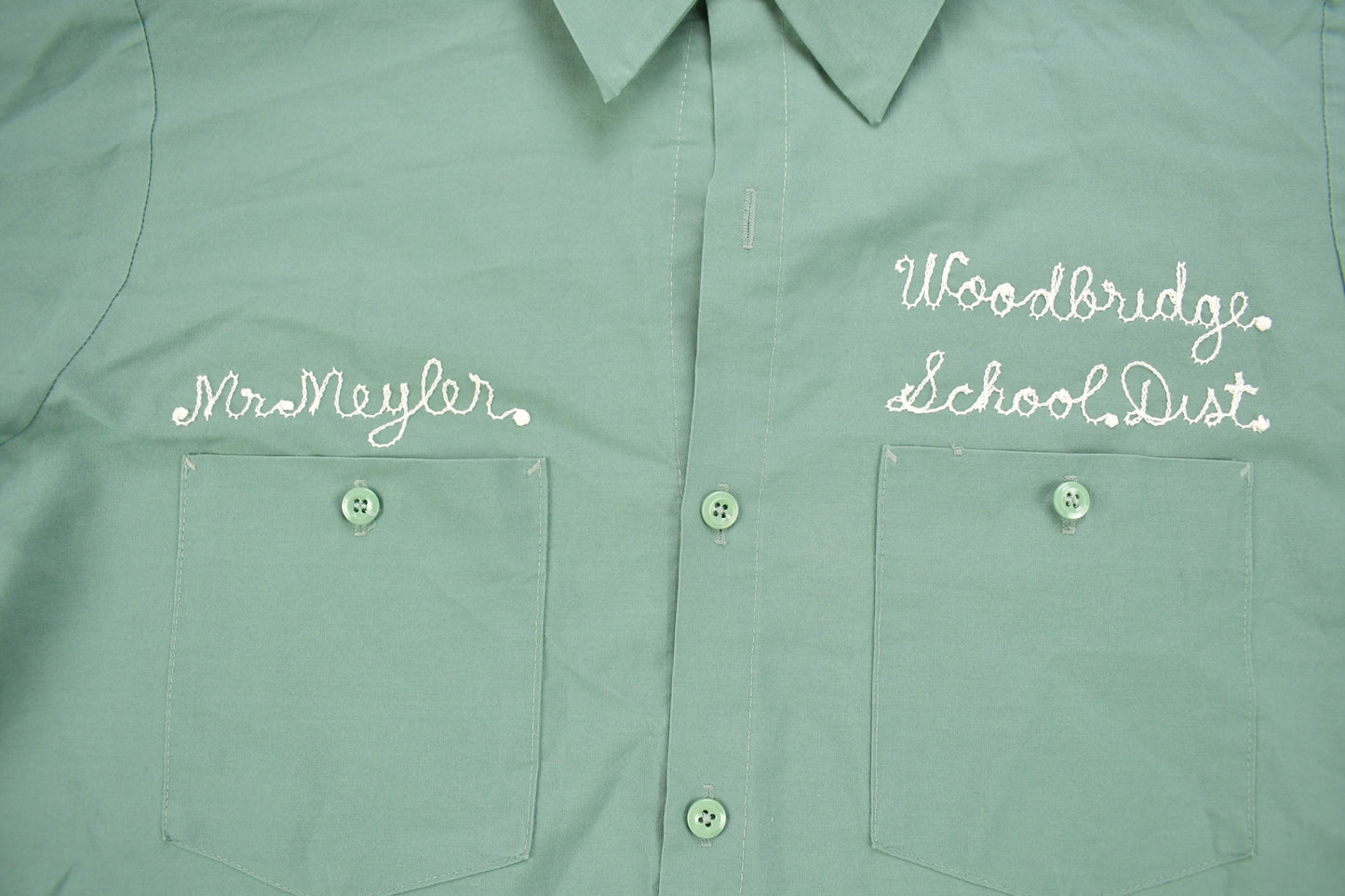 Vintage 1980s Chain Stitched Button Up Uniform T-Shirt / Mr. Meyler / Embroidered / Woodbridge School / Made In USA / Workwear