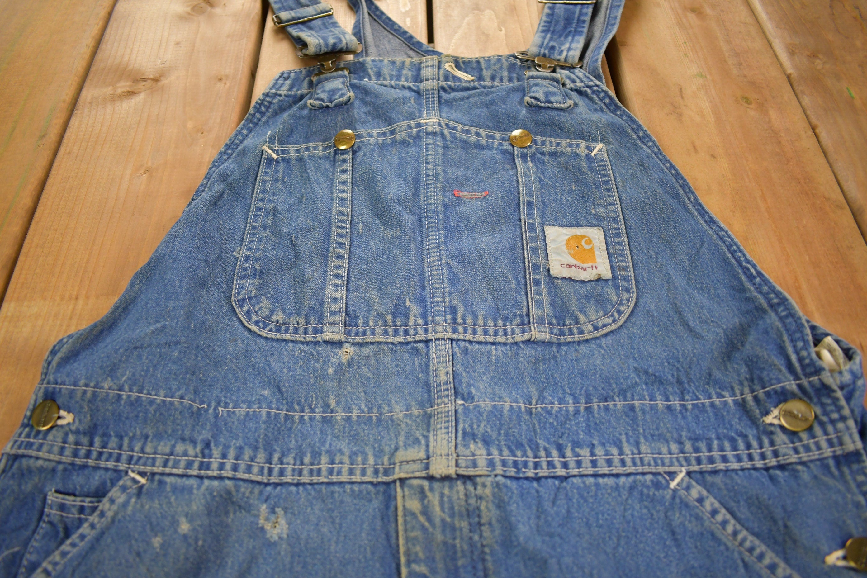 Vintage 1980s Carhartt Double Knee Distressed Denim Overalls Size 36 x 30
