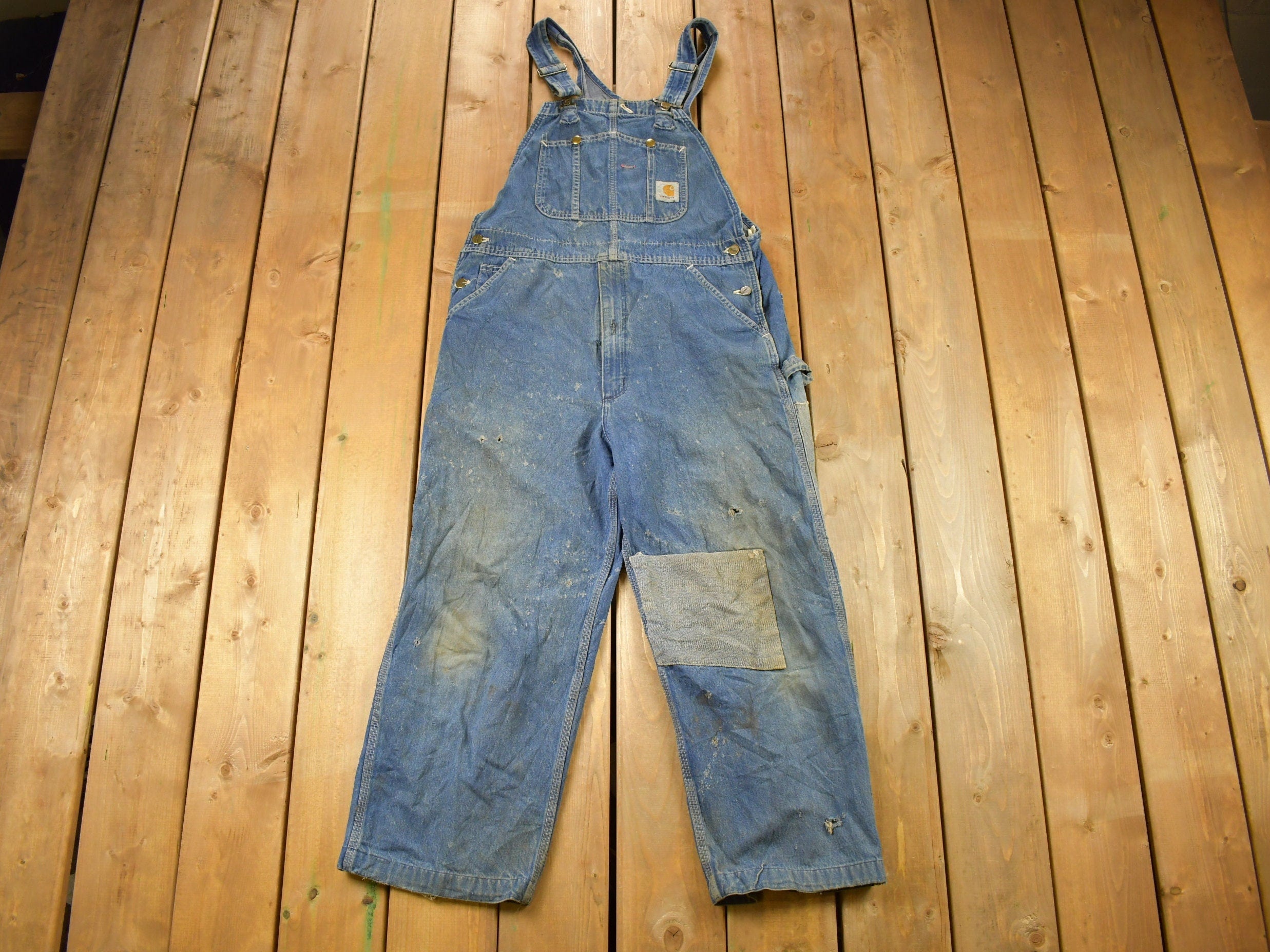 Vintage 1980s Carhartt Double Knee Distressed Denim Overalls Size 36 x 30