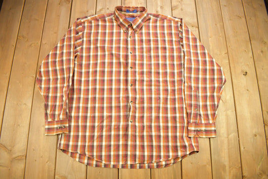 Vintage Pendleton Plaid Button Up Dress Shirt / Orange Plaid dress Shirt / Lightweight Flannel / Pendleton Shirt / Pendleton Woolen Mills