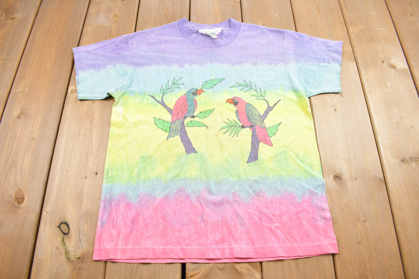 Vintage 1990s Tie Dye Parrot Birds Graphic T Shirt / Vintage T Shirt / Stained / Streetwear / Rare Vintage / Single Stitch / Made In USA