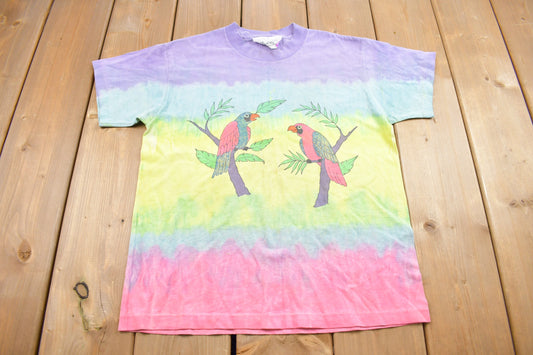 Vintage 1990s Tie Dye Parrot Birds Graphic T Shirt / Vintage T Shirt / Stained / Streetwear / Rare Vintage / Single Stitch / Made In USA