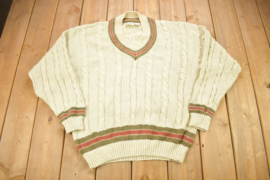 Vintage 1990s New River Knitted V-Neck Colligate Sweater / Vintage 90s 3D Cable Knit / Outdoor / Sweatshirt