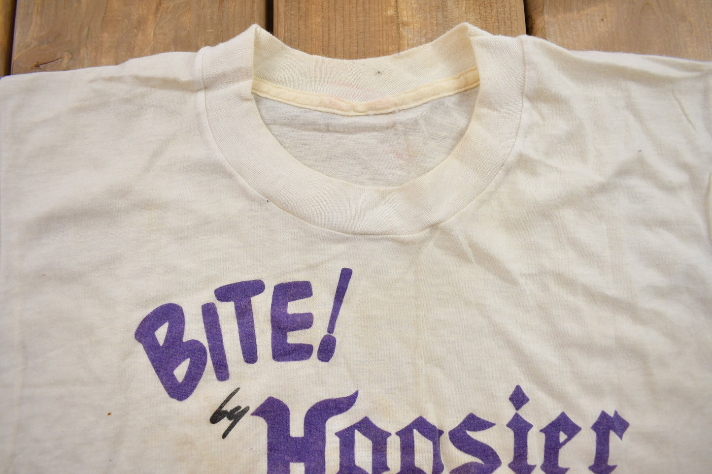 Vintage 1980s Bite by Hoosier Lakeville Indiana / Yellowing and Stains / Souvenir T Shirt / Rare Vintage / Made in USA / Single Stitch