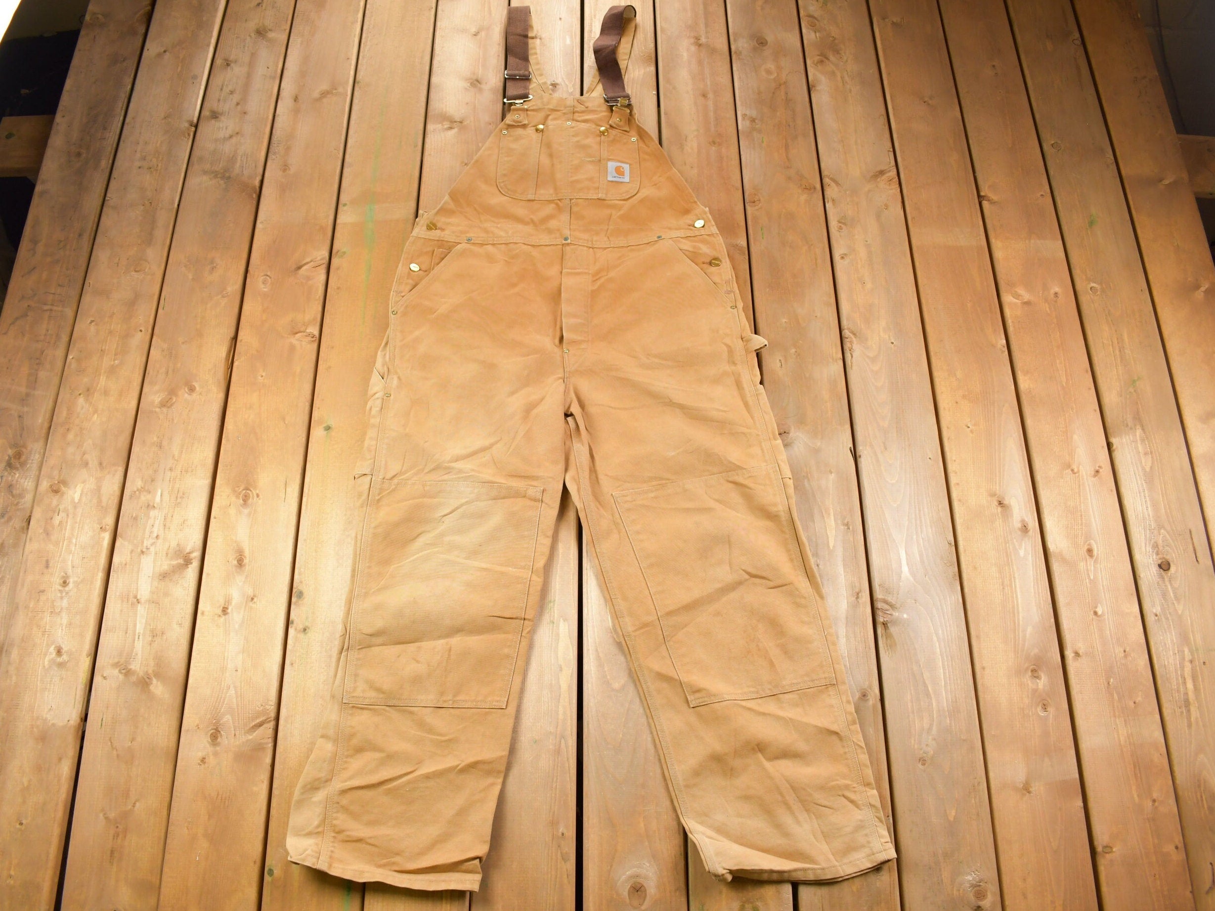 Vintage 1980s Carhartt Beige Canvas Double Knee Overalls Size 40 x 30
