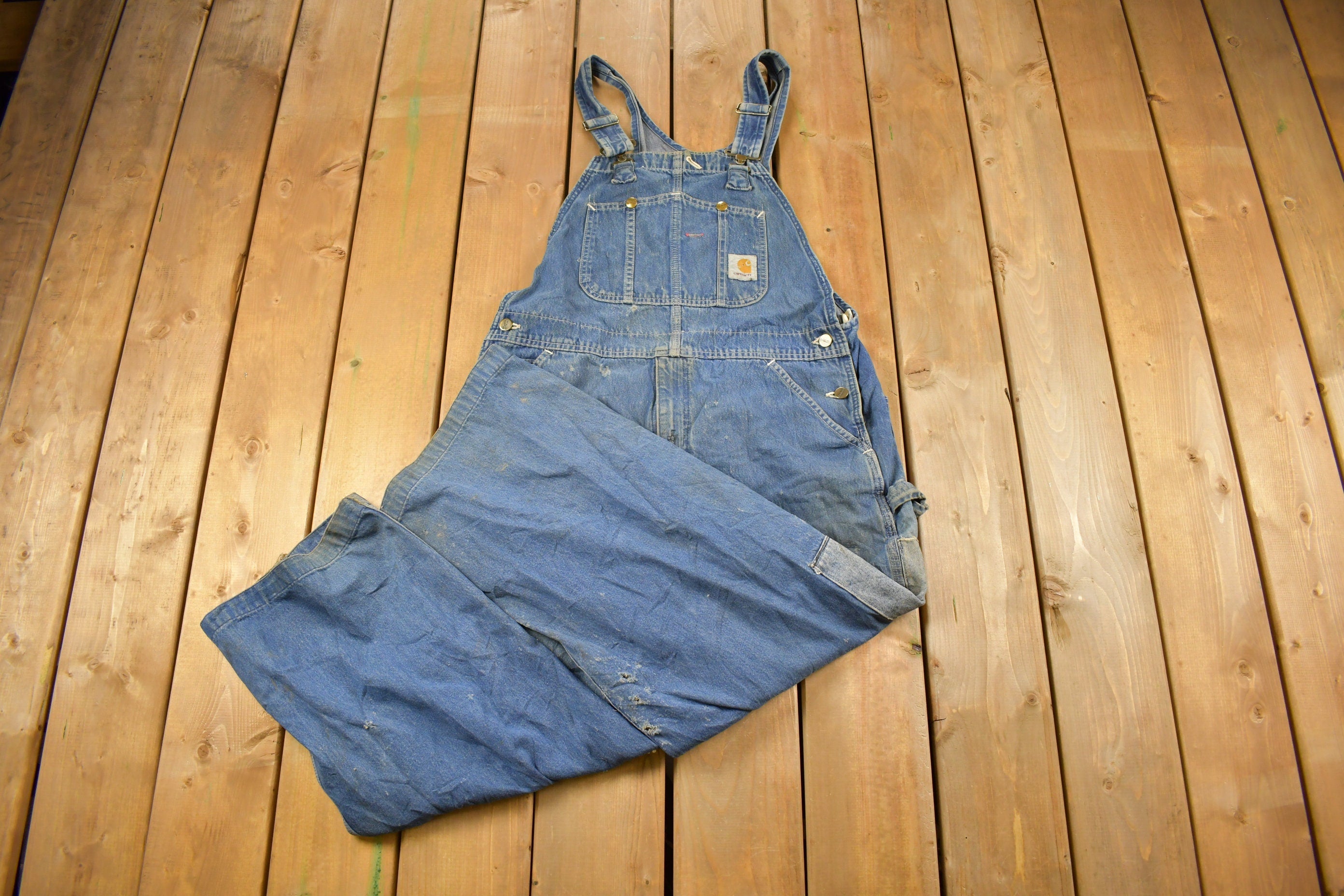 Vintage 1980s Carhartt Double Knee Distressed Denim Overalls Size 36 x 30