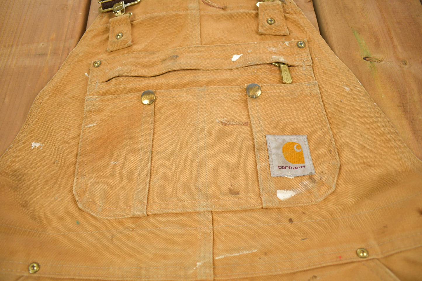 Vintage 1990s Carhartt Double Knee Quilted Canvas Paint Splattered Overalls Size 36 x 26 / Utility Overalls / Vintage Workwear / Coveralls