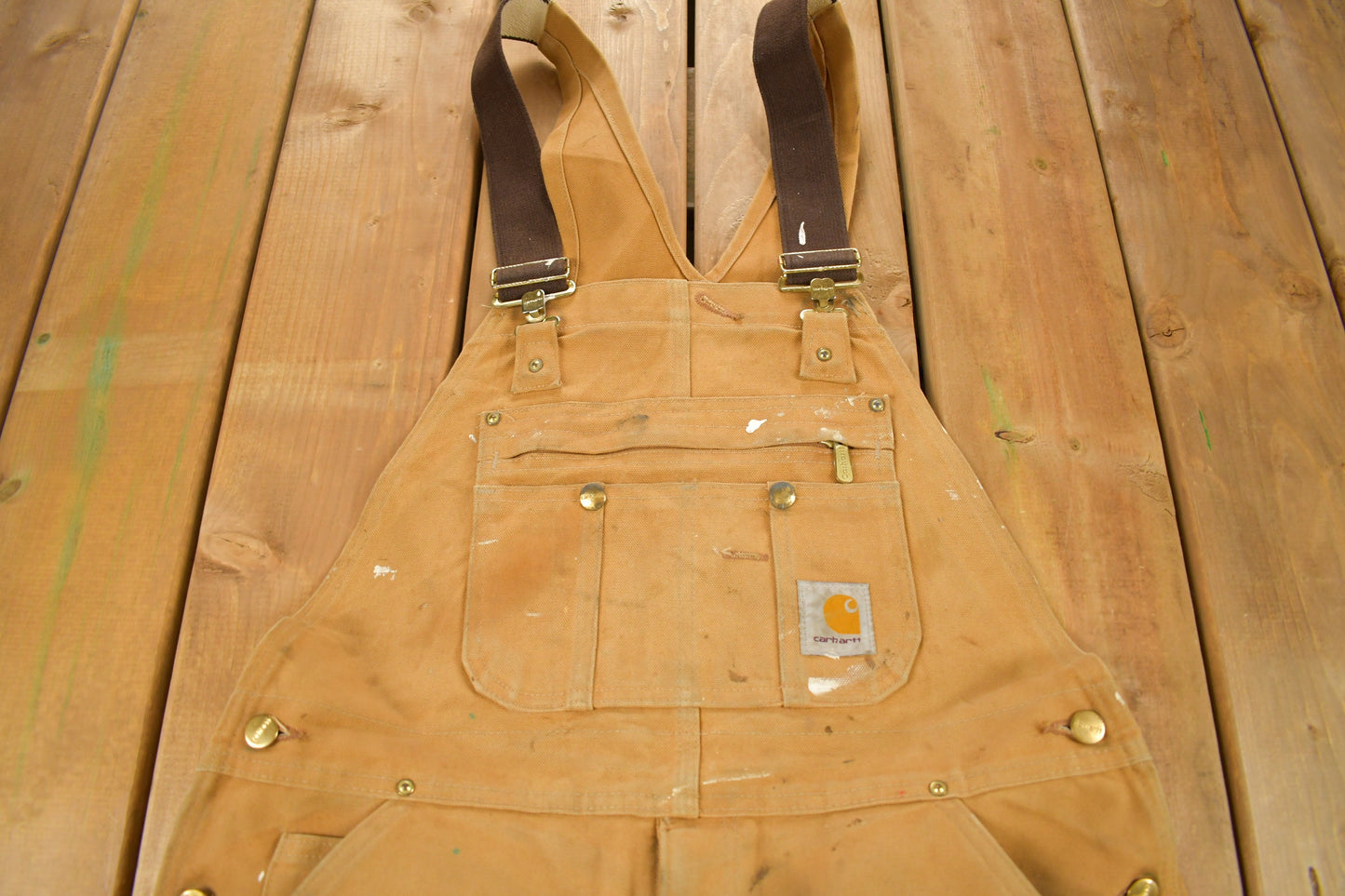 Vintage 1990s Carhartt Double Knee Quilted Canvas Paint Splattered Overalls Size 36 x 26 / Utility Overalls / Vintage Workwear / Coveralls