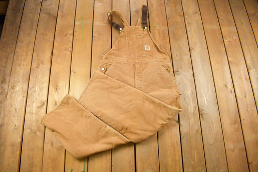 Vintage 1990s Carhartt Beige Double Knee Canvas Quilted Overalls Size 38 x 30 / Utility Overalls / Made In USA / Vintage Workwear