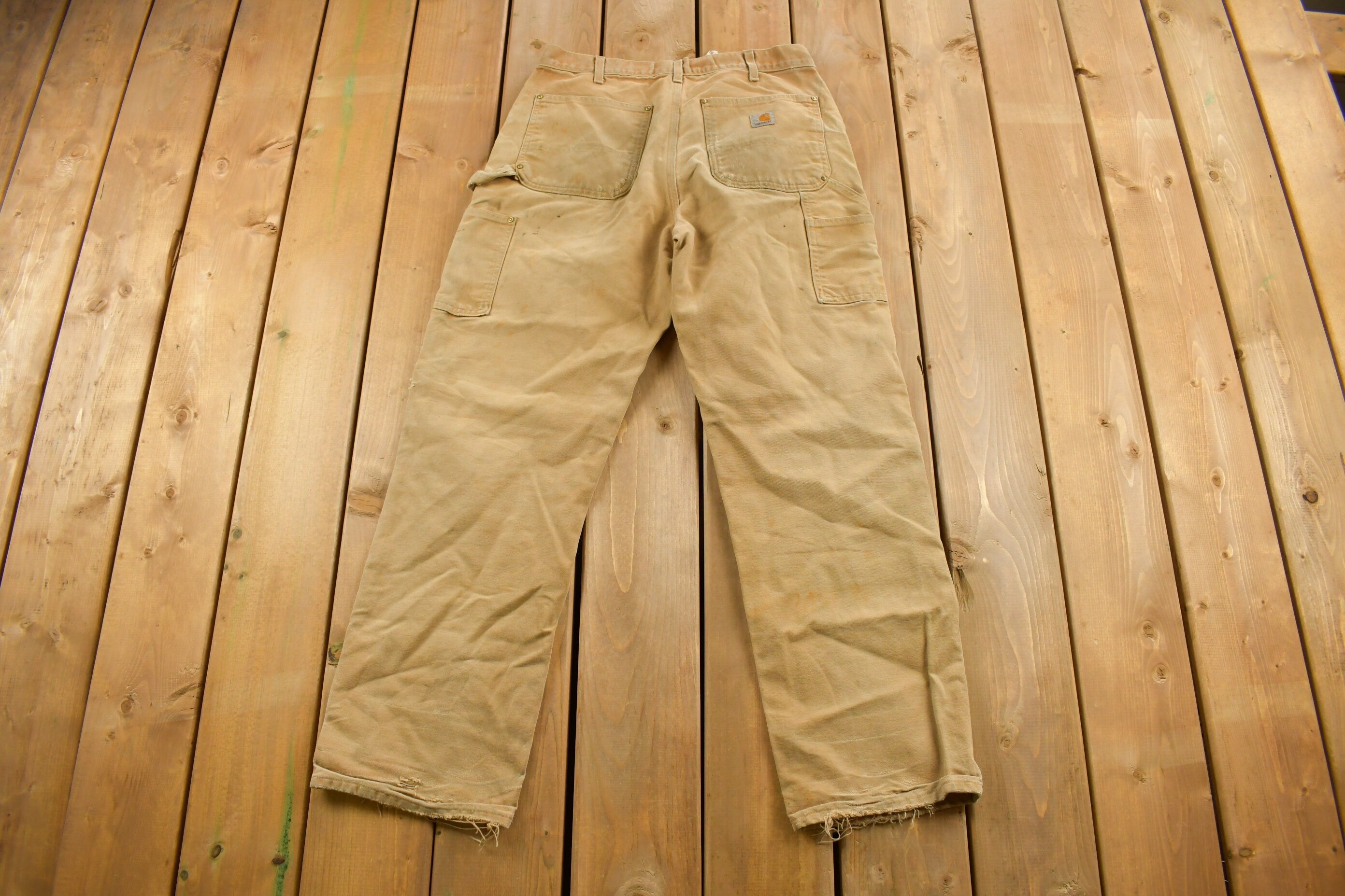 Vintage 1990s Carhartt Beige Distressed Double Knee Work Pants Size 32 x 30
