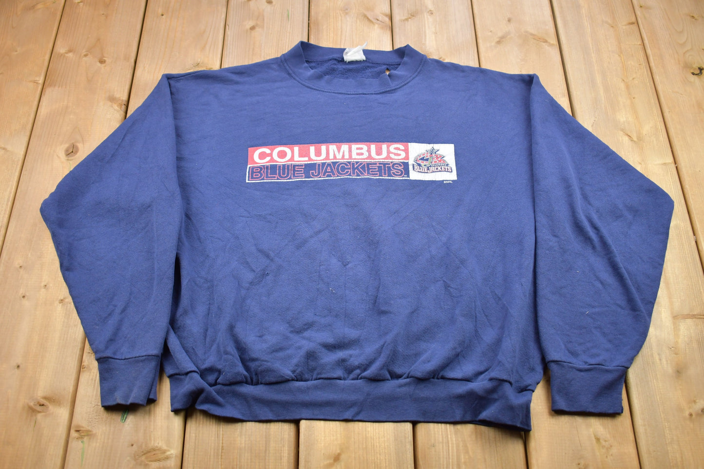 Vintage 1990s Columbus Blue Jackets NHL Distressed Crewneck Sweater / Vintage American Sportswear / Made In USA / Embroidery