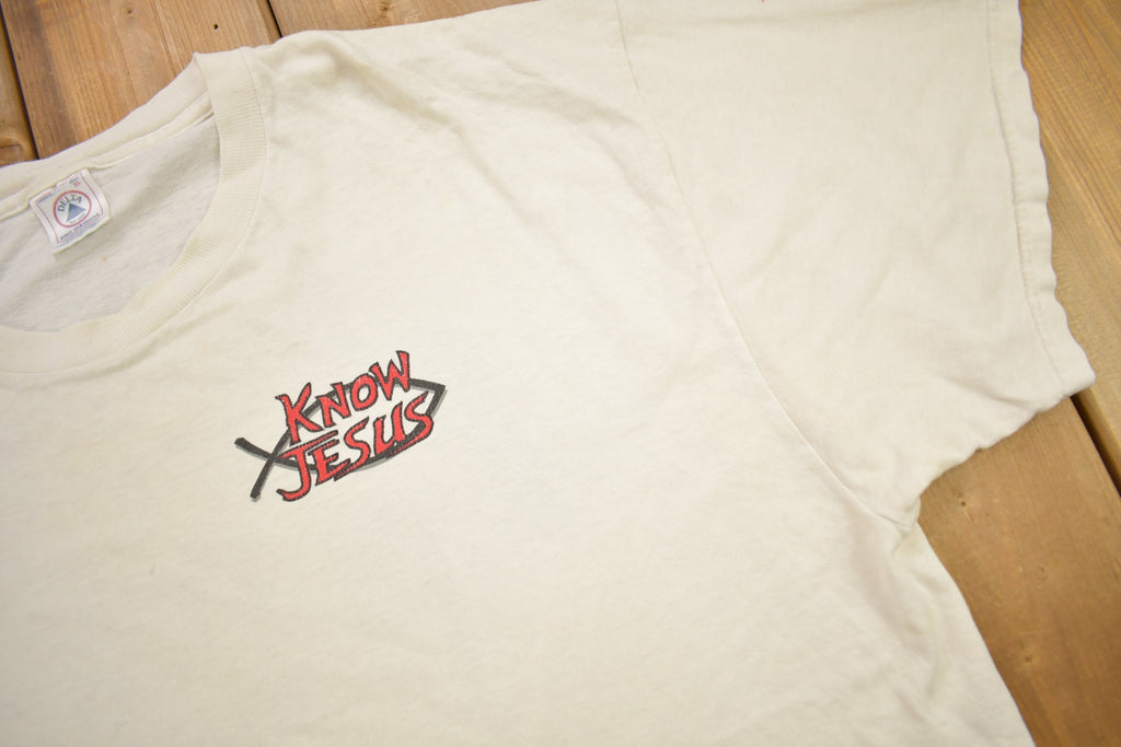 Vintage 1990s "Jesus Beat The Devil With A Big Ugly Stick" Know Jesus Graphic T-Shirt