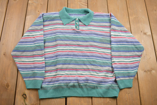 Vintage 1990s Knitted Three-Button Collared Sweater / Vintage 90s Crewneck / All Over Pattern / Colorful / Sweatshirt / Abstract Pattern