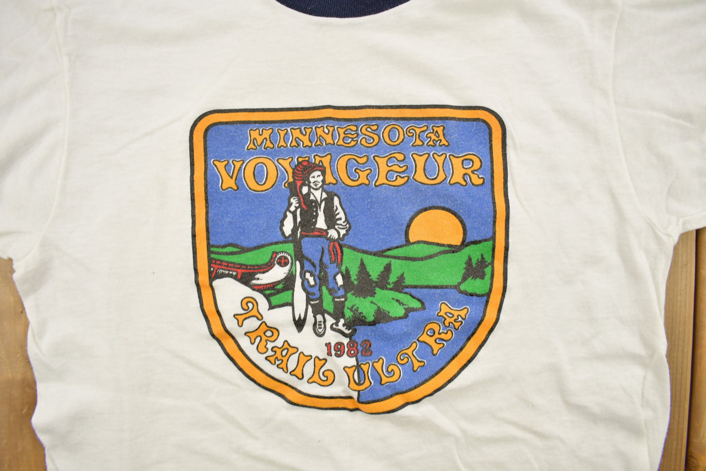 Vintage 1982 Minnesota Voyageur Trail Ultra Souvenir Ringer T-Shirt / Minnesota Outdoorsman / Made In USA / Single Stitch / Screen Stars