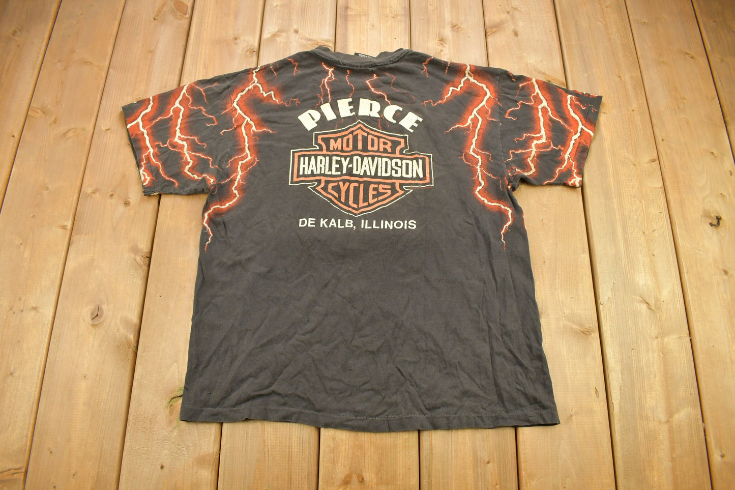 Vintage 1990s Pierce Harley Davidson De Kalb Illinois Lightning Graphic T-Shirt / Single Stitch / Made In USA / Biker Tee / All Over Print