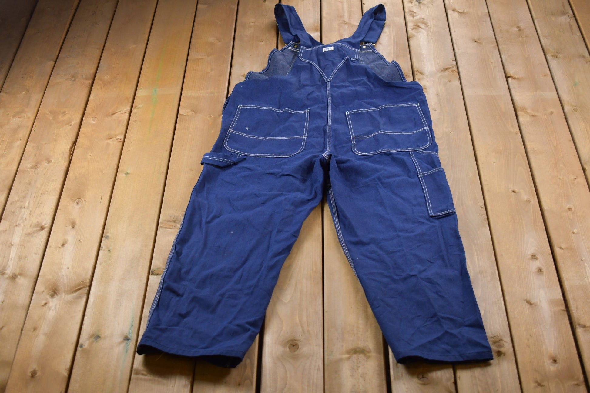 Vintage 1990s Liberty Denim Blue & Green Jean Overalls Size 42 x 30