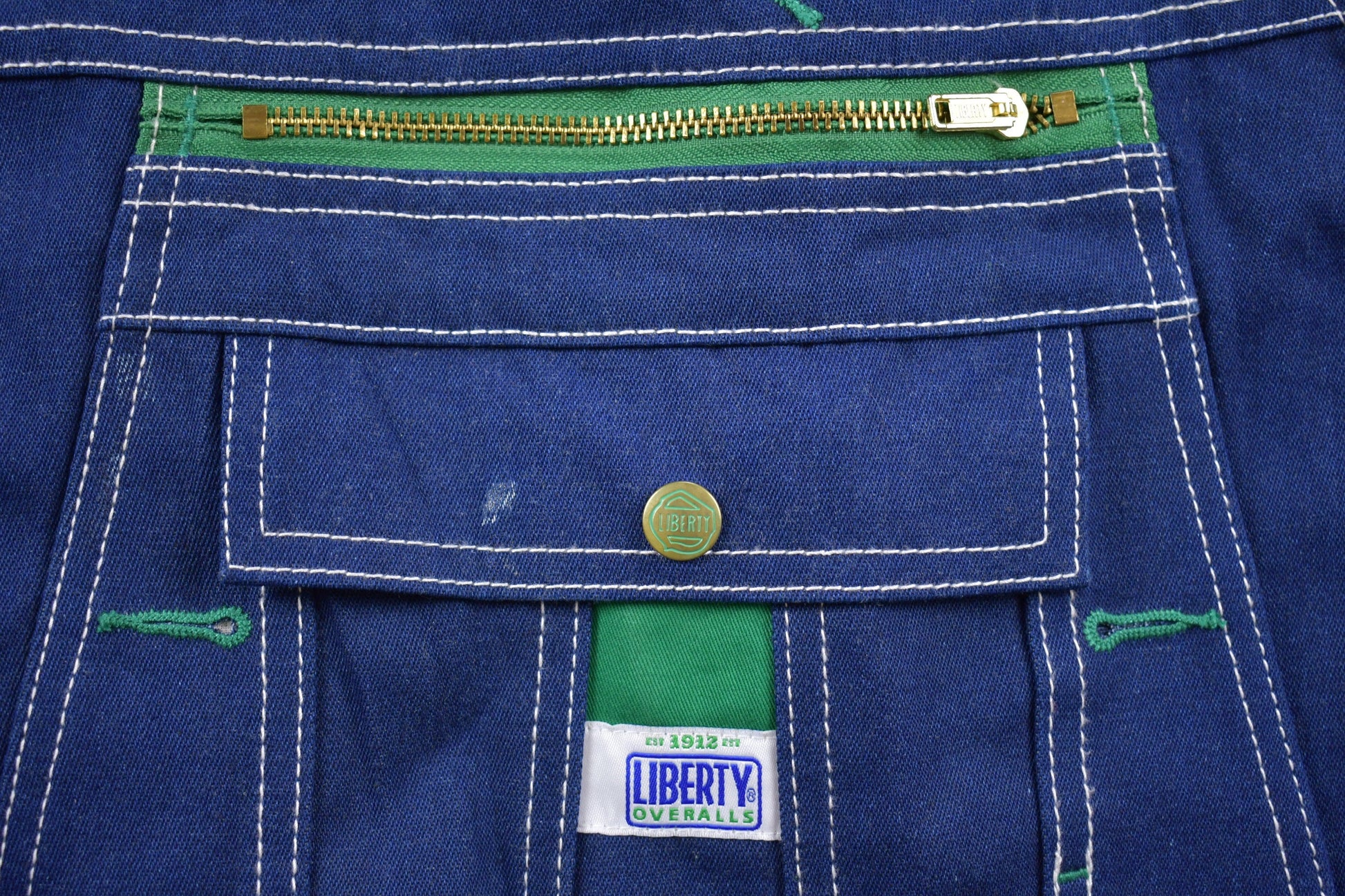 Vintage 1990s Liberty Denim Blue & Green Jean Overalls Size 42 x 30