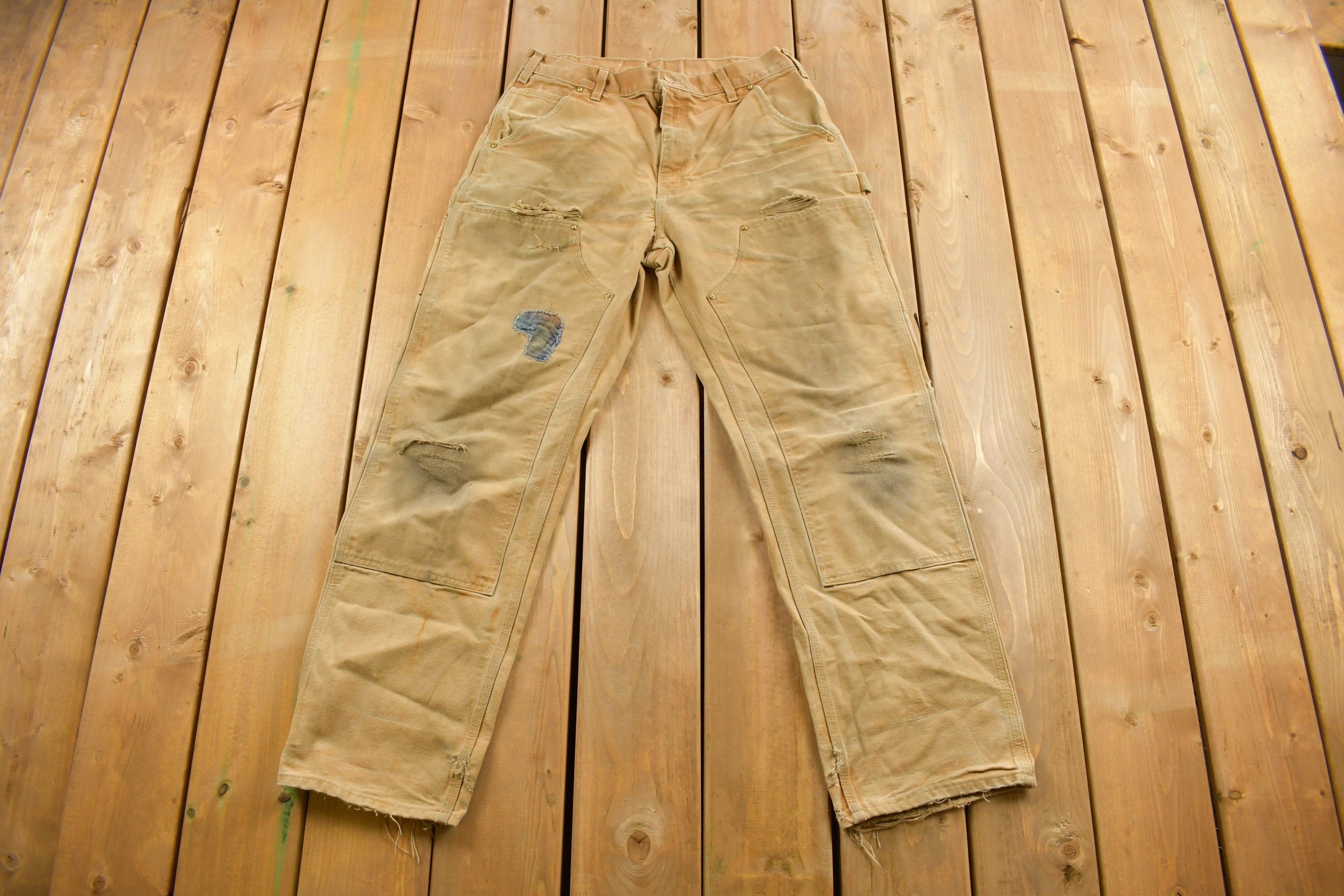 Vintage 1990s Carhartt Beige Distressed Double Knee Work Pants Size 32 x 30