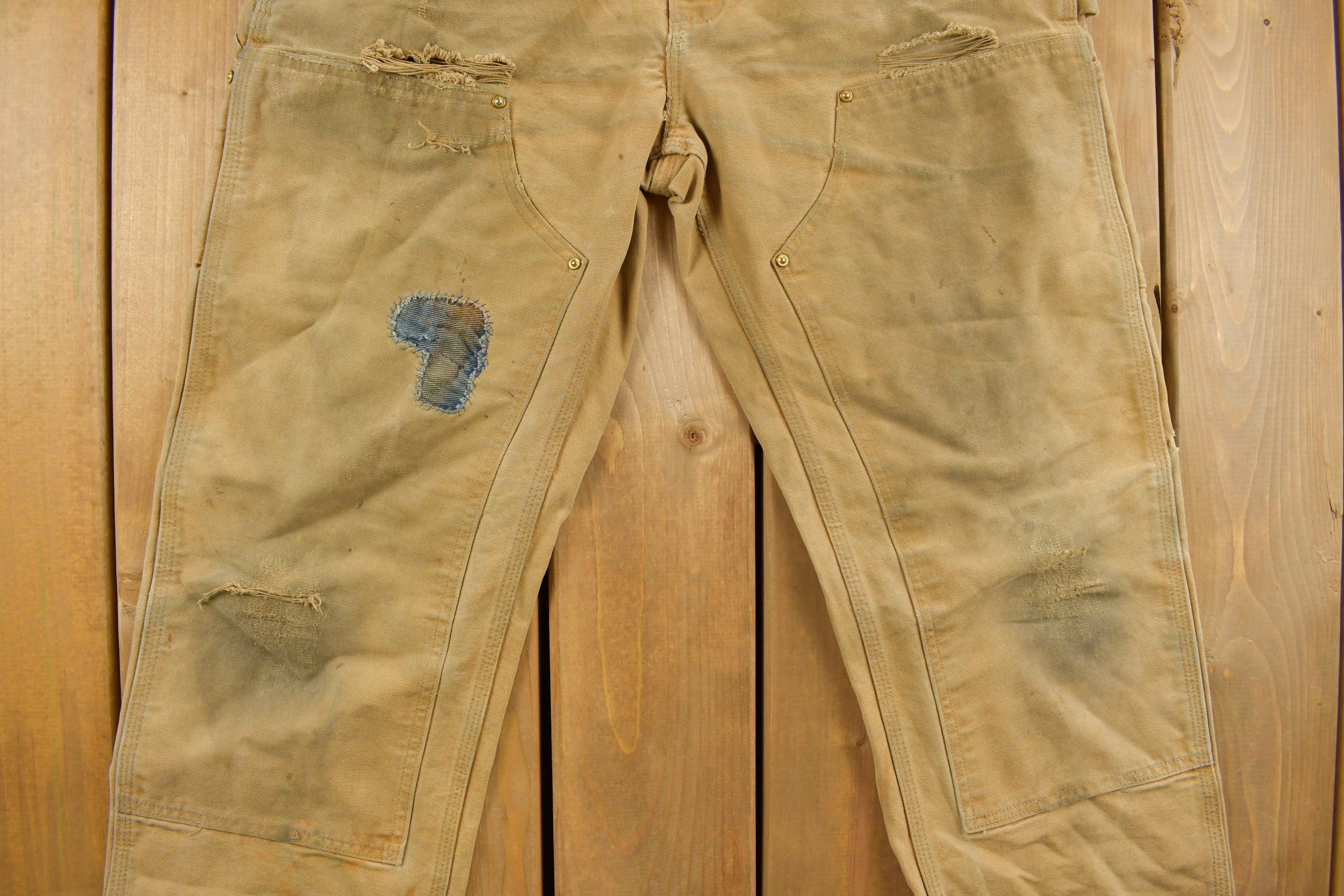 Vintage 1990s Carhartt Beige Distressed Double Knee Work Pants Size 32 x 30