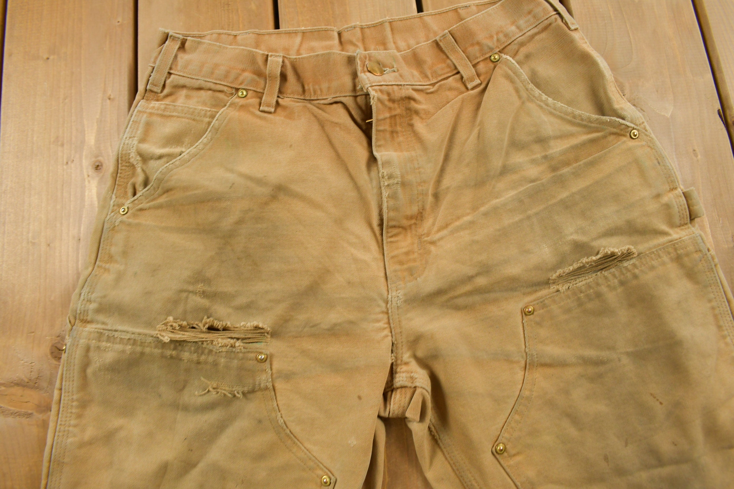 Vintage 1990s Carhartt Beige Distressed Double Knee Work Pants Size 32 x 30